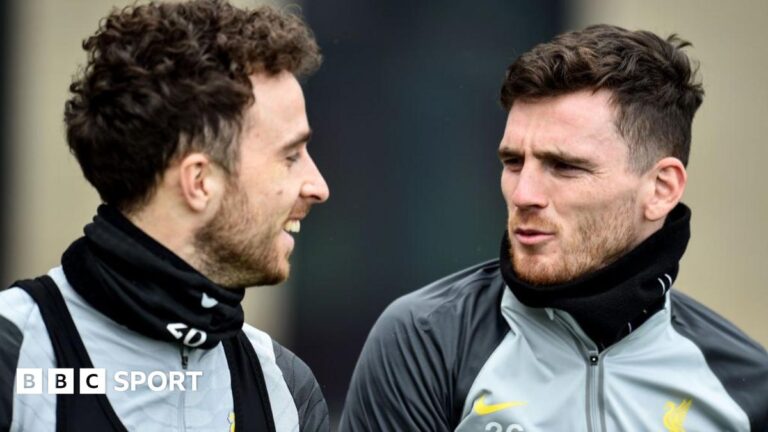 Diogo Jota and Andy Robertson at training.