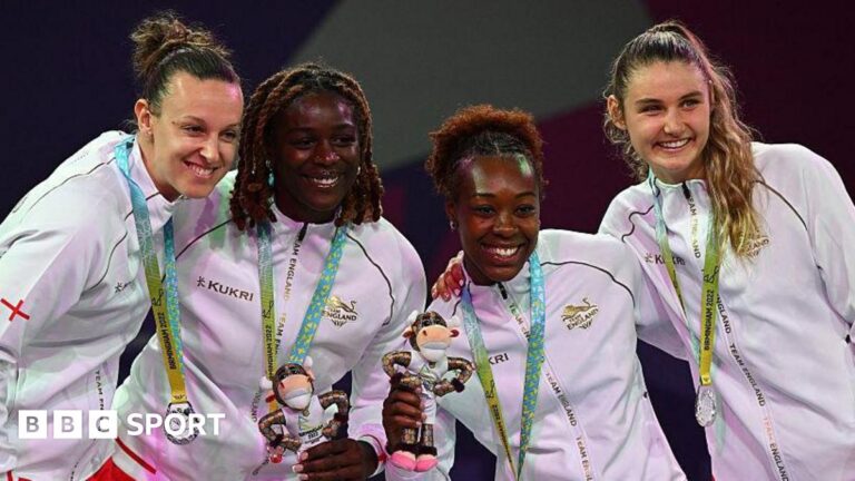 England women 3x3 basketball team collecting their silver medals at the 2022 Commonwealth Games